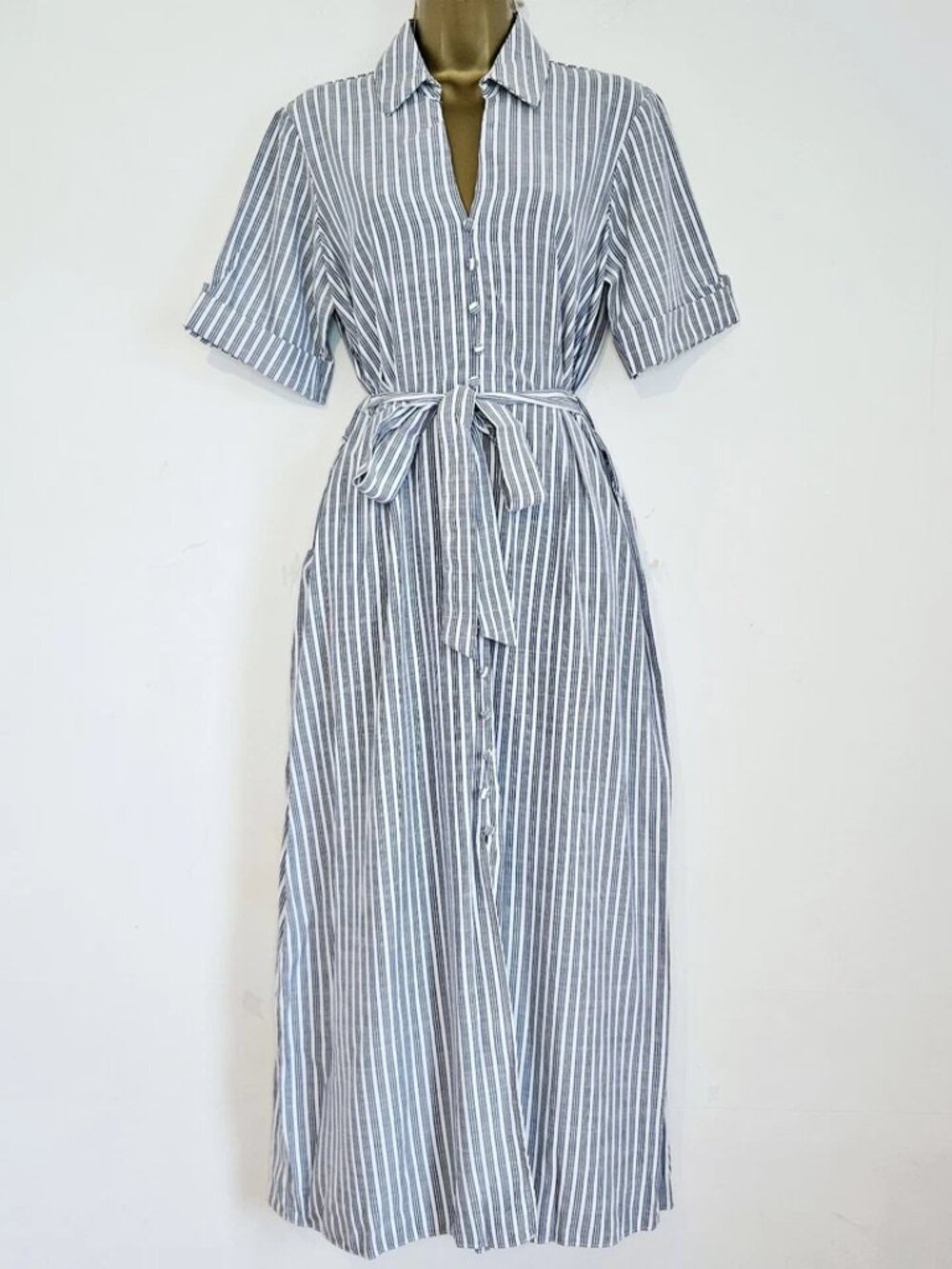 Striped Button Front Belted Blue White Midi Shirt Dress